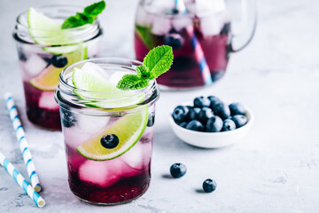 Wall Mural - Blueberry and lime mojito or lemonade. Refreshing summer drink