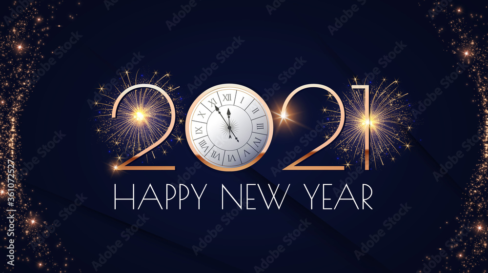 Happy new 2021 year Elegant gold text with fireworks, clock and light. Minimalistic text template. - obrazy, fototapety, plakaty 