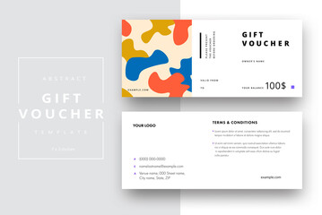  Abstract gift voucher card template. Modern discount coupon or certificate layout with geometric shape pattern. Vector fashion bright background design with information sample text.