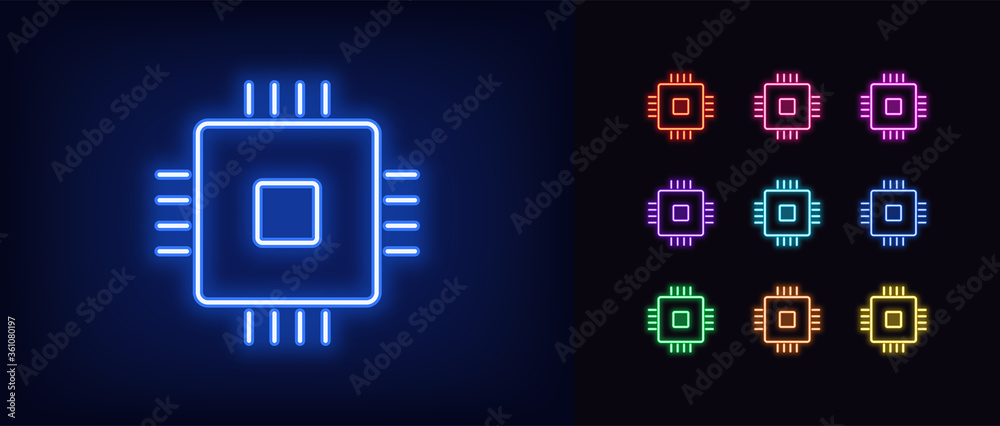Neon CPU icon. Glowing neon microchip sign, set of isolated computing ...