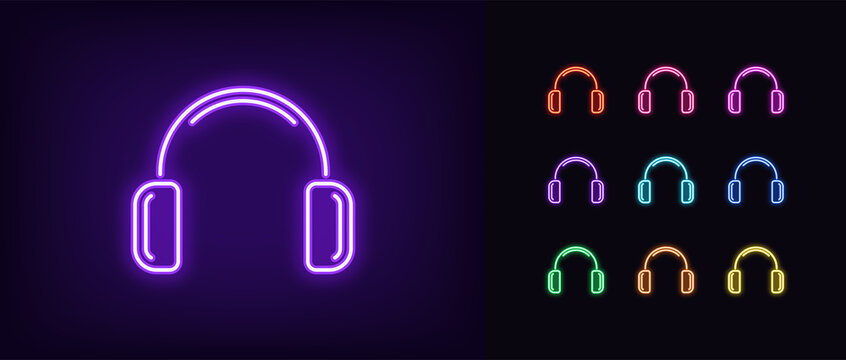 Neon headphones icon. Glowing neon earphone sign, set of isolated wireless headphones