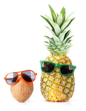 Ripe Pineapple And Coconut With Sunglasses