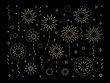 Abstract gold burst pattern fireworks set. Art deco star shaped firework pattern collection isolated on black background with rays and trails. Carnival celebration firecracker explosion,