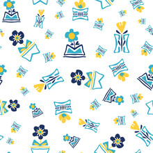 Modern Forget-me-not And Daffodil Flowers In Aztec Style Pots. Seamless Vector Pattern Background. Hand Drawn Blue Yellow Florals And Vases Backdrop. Tossed Botanical Repeat For Wellness, Packaging