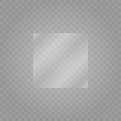 Wall Mural - Glass plate on transparent background. Acrylic and glass texture with glares and light. Realistic transparent glass window in rectangle frame. Vector