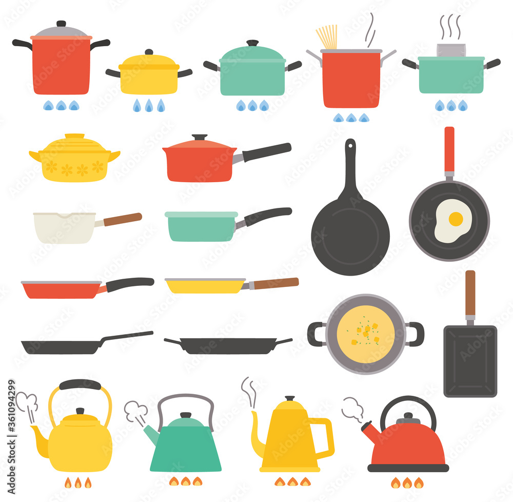 Fotobehang キッチン なべ やかん フライパン 料理 イラスト ベクター セット Popo123 Fotobehang キッチン なべ やかん フライパン 料理 イラスト ベクター セット Popo123