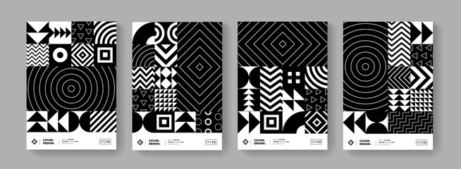 Poster - Trendy minimal geometric pattern vector design. Modern posters set with shape elements. Black and White hipster background.