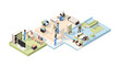 © ONYXprj - Nursing home isometric. Elderly male and female characters lifestyle healthcare professional medical senior helping vector people. Nursing retirement, medical support grandparents illustration