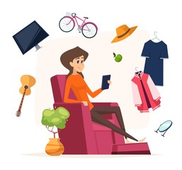 Sticker - Online shopping. Woman with smartphone buy different things. Stay home, isolation period digital smart delivery service vector illustration. Online shop, internet buy marketing and sale