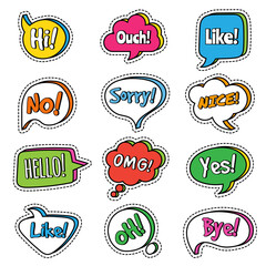 Poster - talk phrase. speech bubbles with words dialogue text yes, omg, vector colored comic balls. message b