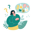Woman thinks over Keto diet. Young girl wants to start a Ketogenic diet. Oversized woman questioning what to eat. Low carb High fat eating protocol concept. Modern flat cartoon character.