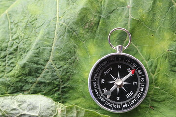 round compass on natural background as symbol of tourism with compass, travel with compass and outdoor activities with compass