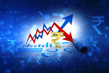 Wall Mural - Business graph with Rupee sign. Indian Rupee growth concept. Rupee Market fluctuation Concept. 3d rendering