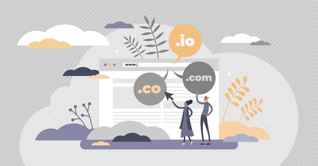 Domain name as web server website address extension flat tiny person concept