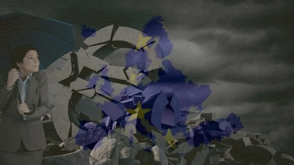 Poster - Woman hiding holding umbrella against destroyed Euro symbol