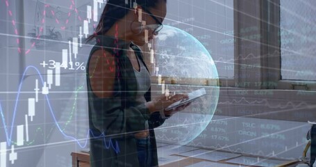 Poster - Graph and statistical data and globe against female architect using digital tablet