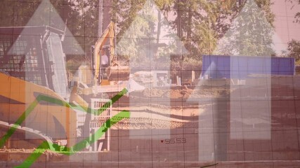 Green graph forming and arrows going up against construction site