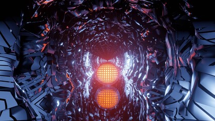 Poster - Abstract illustration of a futuristic circular tunnel with orange glowing sphere