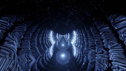 Poster - Abstract illustration of a futuristic tunnel with dense metal strips and a mesh sphere