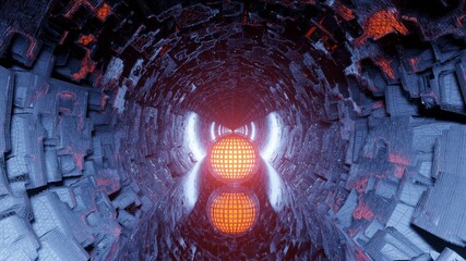 Poster - Abstract illustration of a futuristic circular tunnel with orange glowing sphere