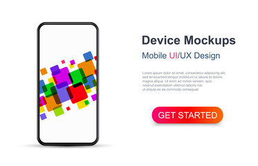 Poster - Smartphone frame blank screen, 3d phone mockup with colored squares. Modern device model template for presentation UI UX design interface - stock vector