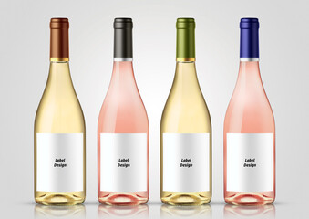 Bottle of white and rose wine with white background. Mock up for labels.