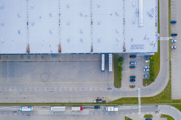 Aerial view of the distribution center, drone photography of the industrial logistic zone.