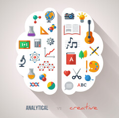 Creative Brain Idea. Vector concept. Sciences and arts. Back to school icons. Left and right brain functions.