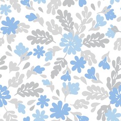  Seamless vector floral repeat pattern with tossed tonal spring summer flowers in light baby blue and gray with branches, leaves and twigs