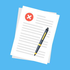 Poster - document with cross mark and pen. rejection, bad quality, audit, validation, x mark stamp, report co