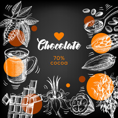 Wall Mural - Hand drawn sketch cocoa chocolate product background. Vintage vector chalkboard illustration of natural healthy sweet food