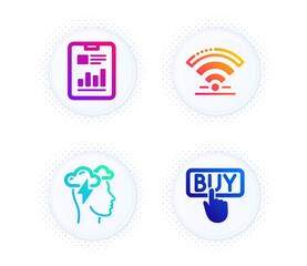 Wall Mural - Mindfulness stress, Report document and Wifi icons simple set. Button with halftone dots. Buying sign. Cloud storm, Page with charts, Wireless internet. E-commerce shopping. Technology set. Vector