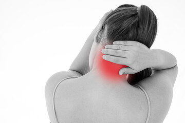 black and white shot of woman feeling exhausted and suffering from neck and head pain and injury on 