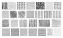 Big Set Of Hand-drawn Patterns. Dots, Lines, Crosses, Dashes, Spots Of Paint, Waves. Black Ink On A White Background. Abstract Symmetrical Pattern For Designers. Traced Illustration.