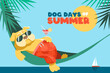 © Veronika - Dog days of summer. A cute fat English bulldog lies in a hammock with a glass of margarita. Sea and palm trees. Vector illustration or greeting card in cartoon style.