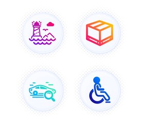 Poster - Search car, Delivery box and Lighthouse icons simple set. Button with halftone dots. Disabled sign. Find transport, Cargo package, Navigation beacon. Handicapped wheelchair. Transportation set. Vector