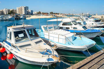 Canvas Print - Motorboats  marina  cityscape Larnaca  Cyprus