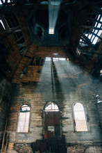 Beams Of Light In Old Abandoned Wooden Church