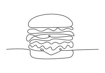 Wall Mural - Single line drawing of cheeseburger. Fast food hamburger made of one continuous line, cafe menu and restaurant concept for logo. Modern design street food logotype, vector illustration