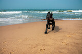 Fototapeta Fototapety z morzem do Twojej sypialni - Pies z drewnianym kijem w pysku biegnie po plaży. 