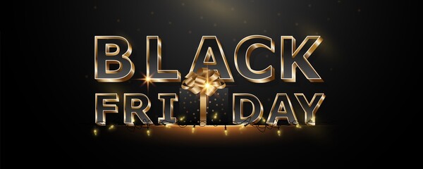 Black Friday sale, banner, poster, logo. Luxury gold and black text. Black gift background with a gold bow.