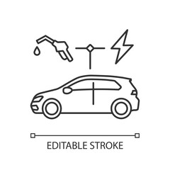 Sticker - Hybrid vehicle linear icon. Alternative energy use, eco friendly transportation thin line customizable illustration. Contour symbol. Modern automobile vector isolated outline drawing. Editable stroke