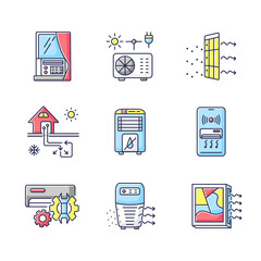 Poster - Air conditioning technologies RGB color icons set. Different air cooling systems and domestic appliances. Modern ventilation devices. Isolated vector illustrations