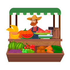 Poster - Cartoon Color Character Person Male and Food Market Vegetables Concept. Vector