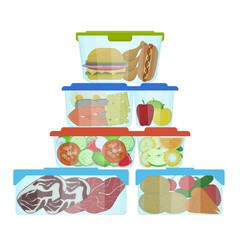 Poster - Cartoon Color Plastic Containers with Food Set. Vector