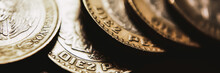 Panoramic Closeup View Of Mexican Coins. Business And Finance Concept. Selective Focus