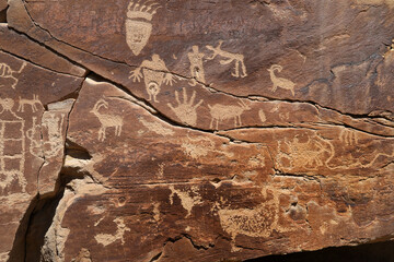 Native American Indian rock art petroglyph hands animals Utah 1410. Nine Mile Canyon, Utah. World’s longest art gallery of ancient native American, Indian rock art, hieroglyphs, pictographs.