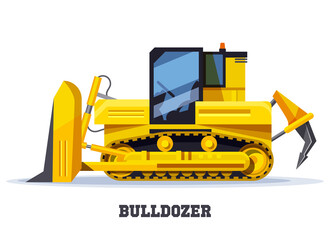 Bulldozer digger or tractor in flat, yellow truck