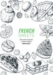 A set of french desserts with rum baba, clafoutis, Mont Blanc, Mille-feuille, apple pie, macarons . French cuisine top view frame. Food menu design template. Hand drawn sketch vector illustration.
