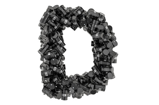 Letter D from black oil barrels, 3D rendering